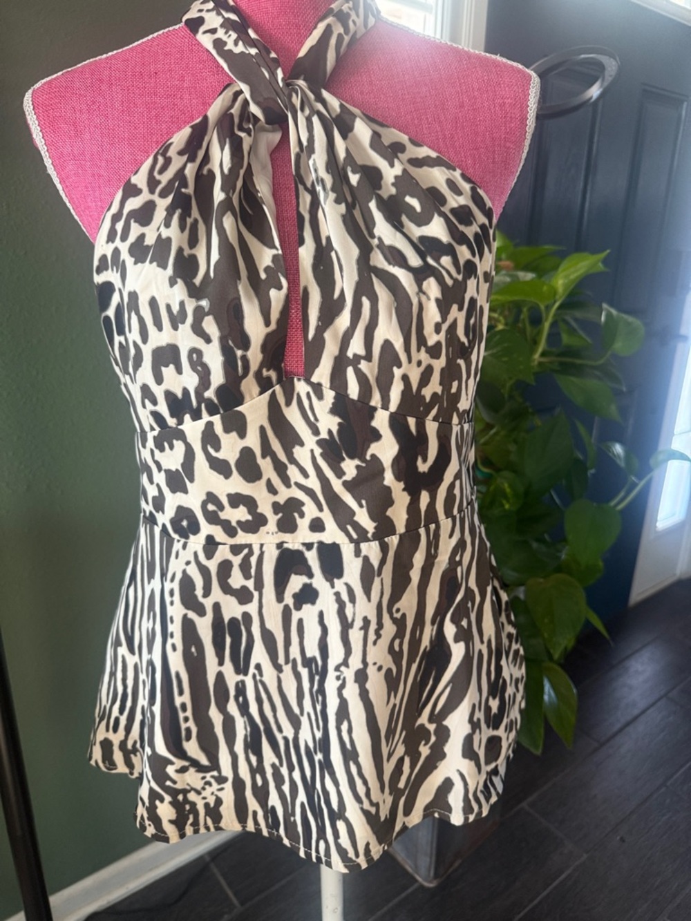 Banana Republic Black & Cream Animal Print Halter Camisole